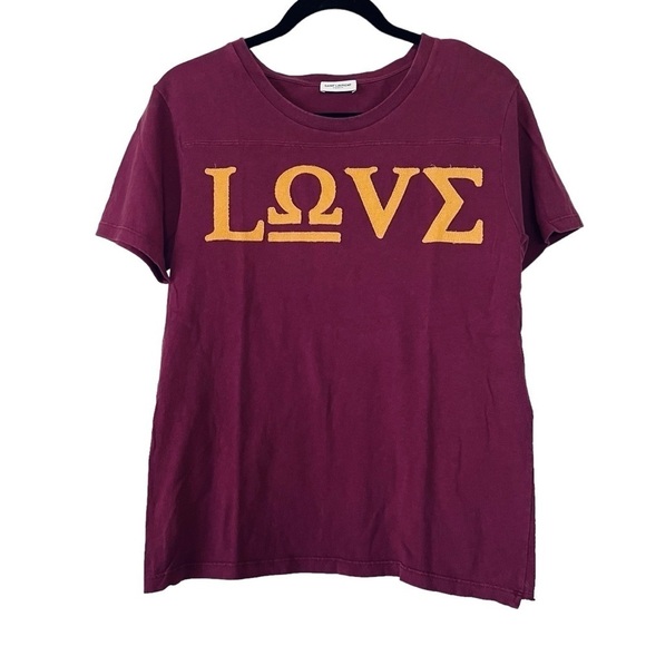 Saint Laurent Paris “Love” yellow Greek lettering relaxed fit bordeax t-shirt - Picture 1 of 9